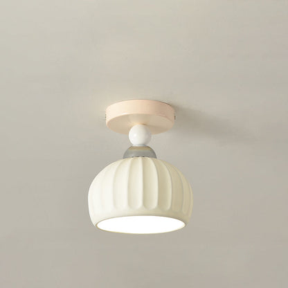 Contemporary Scandinavian Cream Ceramic Geometric Round Shade 1-Light Semi-Flush Mount Ceiling Light For Living Room