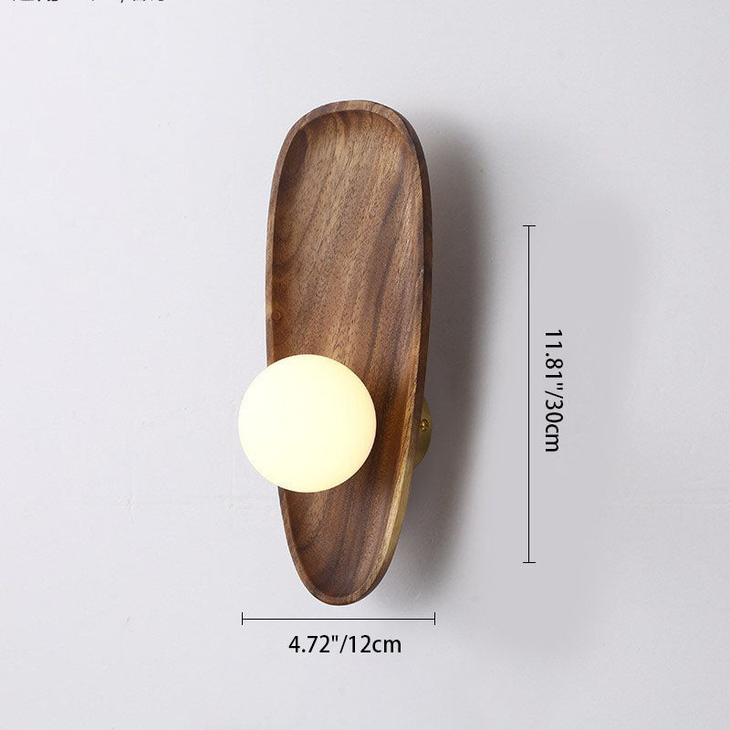 Traditional Japanese Irregular Oval Plate Wood Glass LED Wall Sconce Lamp For Bedroom Lumendat