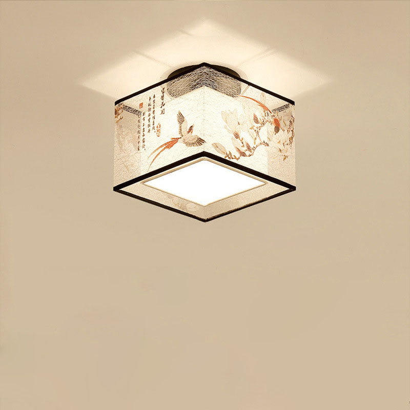 Traditional Chinese Square Iron Fabric 1-light Semi-flush Mount Ceiling Light for Hallway