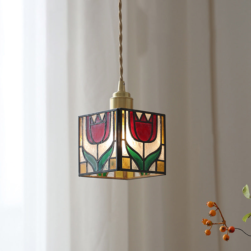 Traditional Tiffany Square Tulip Red Rose Rubik's Cube Brass Stained Glass 1-light Pendant Light for Living Room