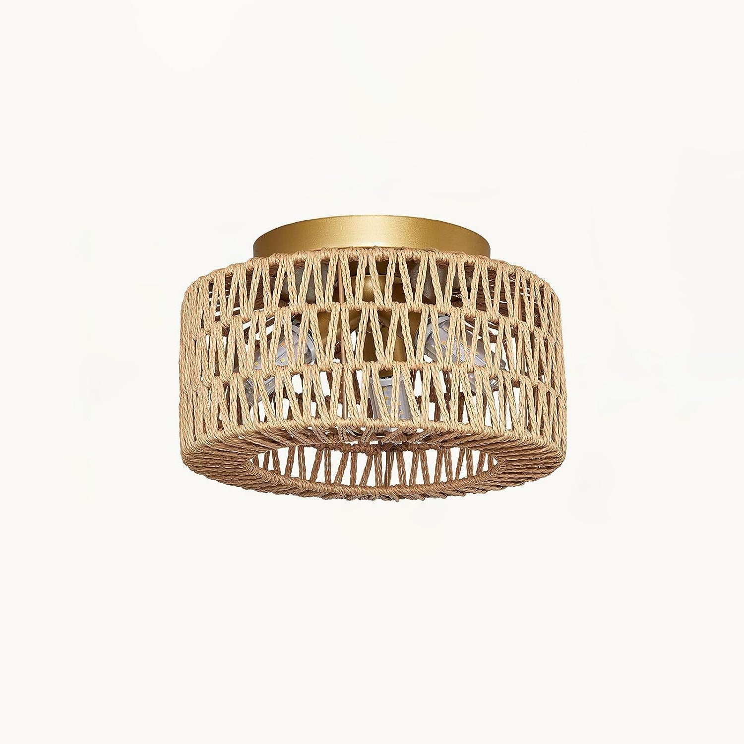 Contemporary Boho Rattan Weaving Cage 3-light Semi-flush Mount Ceiling Light for Living Room