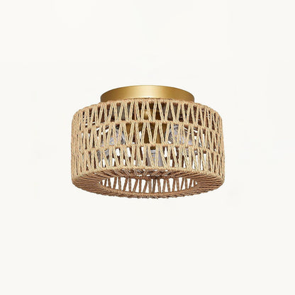 Contemporary Boho Rattan Weaving Cage 3-light Semi-flush Mount Ceiling Light for Living Room