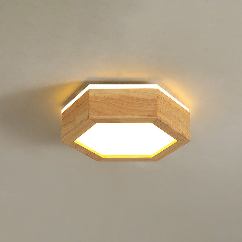 Traditional Japanese Hexagon Wood Acrylic LED Flush Mount Ceiling Light for Living Room