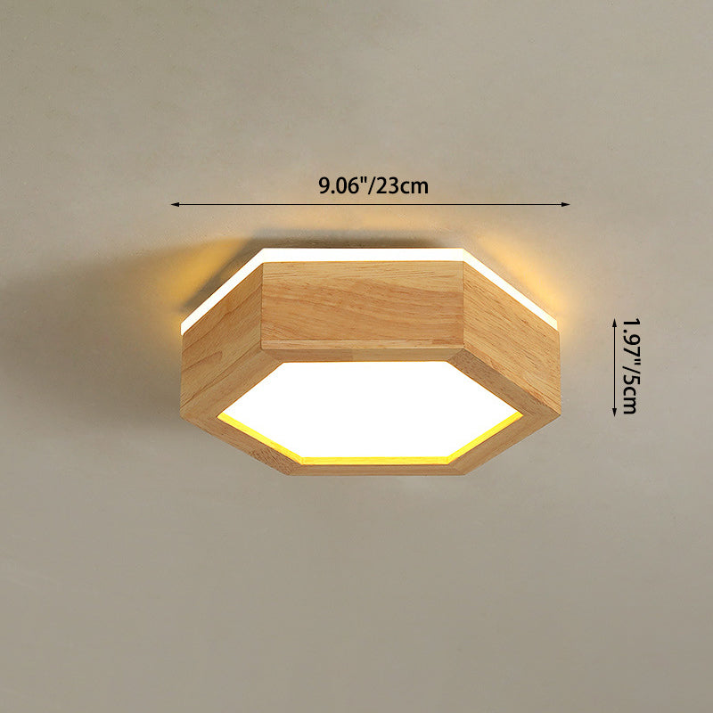 Traditional Japanese Hexagon Wood Acrylic LED Flush Mount Ceiling Light for Living Room