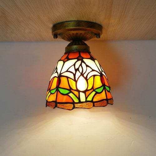 Traditional Tiffany Tulip Stained Glass Iron Dome 1-light Semi-flush Mount Ceiling Light for Living Room