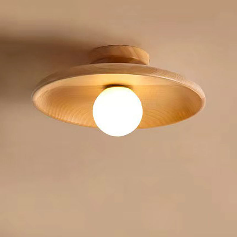 Modern Simplicity Rubberwood Glass Round 1-Light Semi-Flush Mount Ceiling Light For Hallway Lumendat
