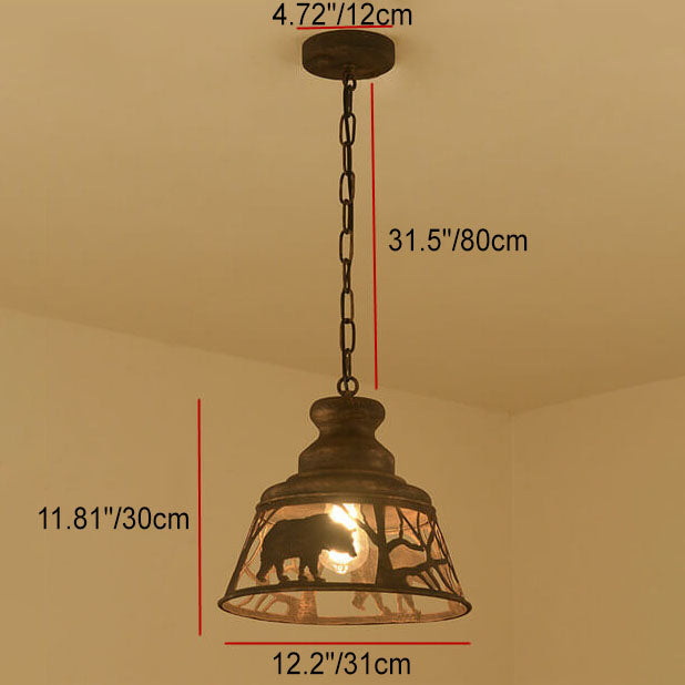 Traditional Vintage Round Trapezoidal Animal Iron 1-light Pendant Light for Living Room BulbSquare