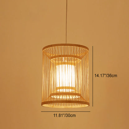 Traditional Chinese Round Vertical Bamboo 1-light Pendant Light for Living Room