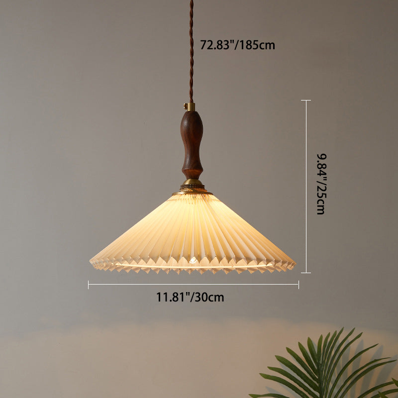 Vintage 1-light Pleated Fabric Conical Pendant Light