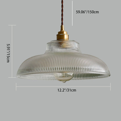Traditional Vintage Ribbed Glass Disc Shade Brass 1-light Pendant for Living Room