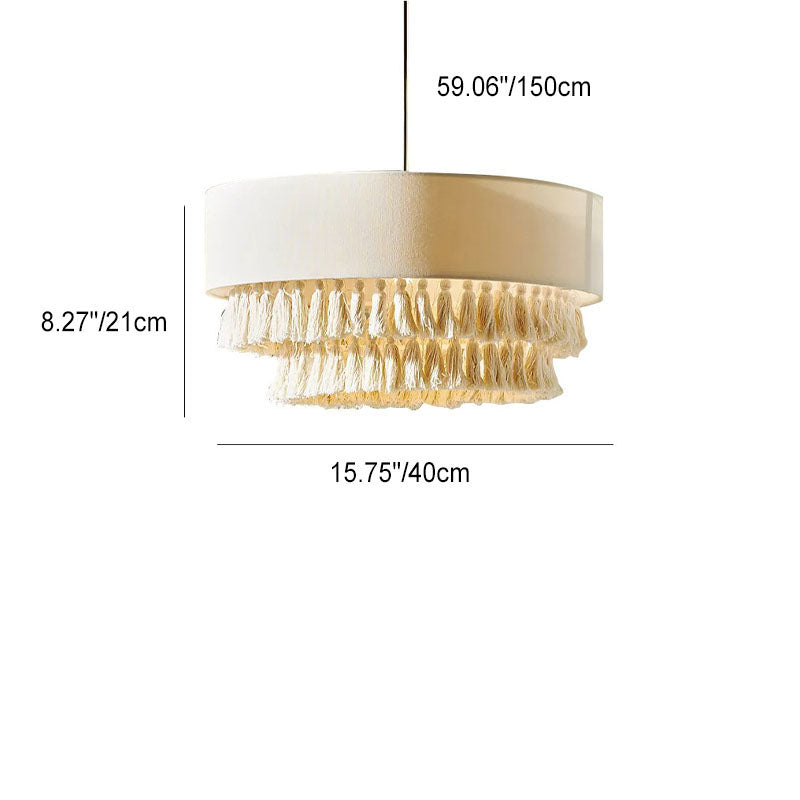 Contemporary Boho Fabric Cylinder Shade Tassel Braided Rope 3-light Chandelier for Living Room