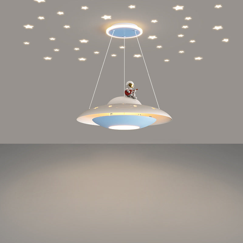 Lumendat Modern Art Deco Kids Iron Acrylic UFO Spaceship Astronaut Round LED Pendant Light For Bedroom Lumendat
