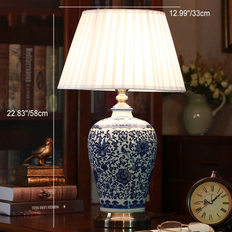 Traditional Chinese Ceramic Fabric Electroplated Antique Brass Finish Vase Cone 1-Light Table Lamp For Home Office Lumendat