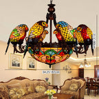 Traditional Tiffany Metal Glass Dome Parrot 11-light Chandeliers for Living Room BulbSquare