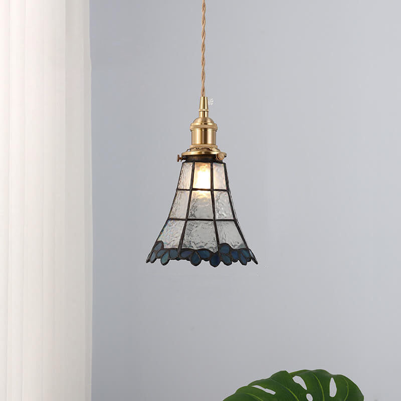 Japanese Vintage Brass Stained Glass Cone 1-light Pendant Light BulbSquare
