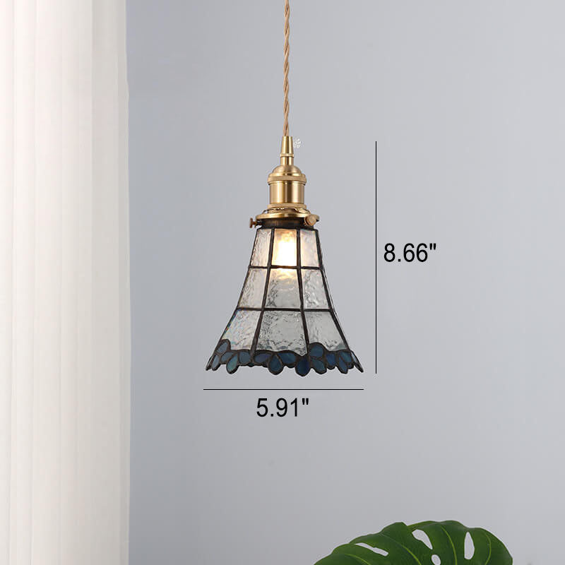 Japanese Vintage Brass Stained Glass Cone 1-light Pendant Light BulbSquare