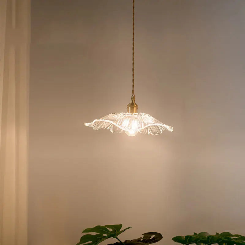 Nordic Vintage Clear Glass Flower Shape Brass 1-light Pendant Light Lumendat