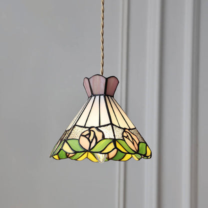 Vintage Tiffany Rose Flower Conical Stained Glass 1-Light Pendant Light