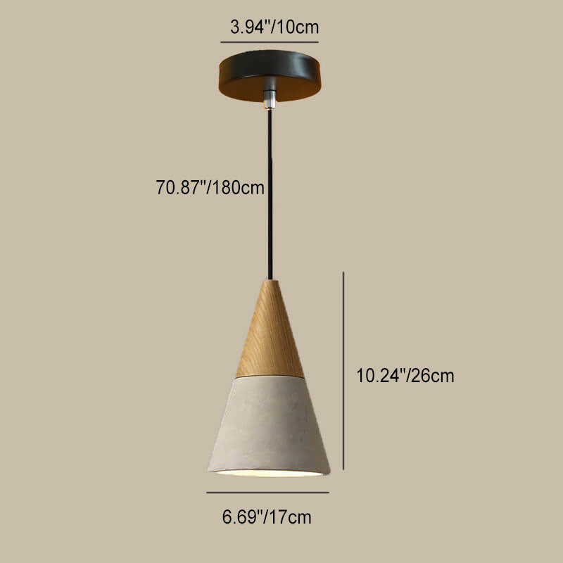 Contemporary Industrial Round Cone Triangle Cement Rubber Wood 1-light Pendant Light for Living Room BulbSquare