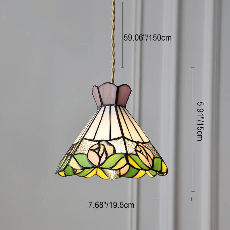 Vintage Tiffany Rose Flower Conical Stained Glass 1-light Pendant Light BulbSquare