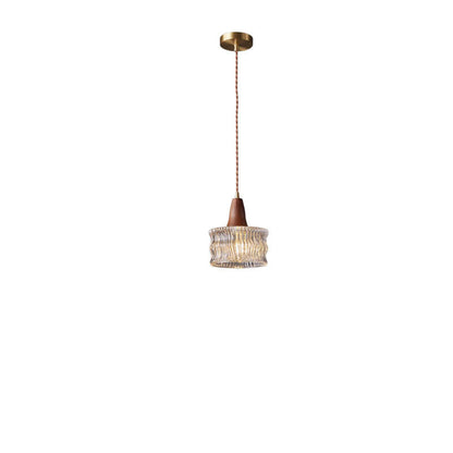 Nordic Vintage Glass Drum Jar Walnut Brass 1-Light Pendant Light