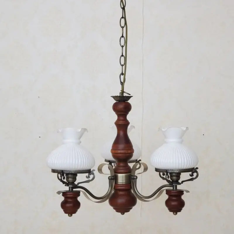Traditional Rustic Candelabra Round Flower Iron Solid Wood 3-light Chandelier for Living Room BulbSquare
