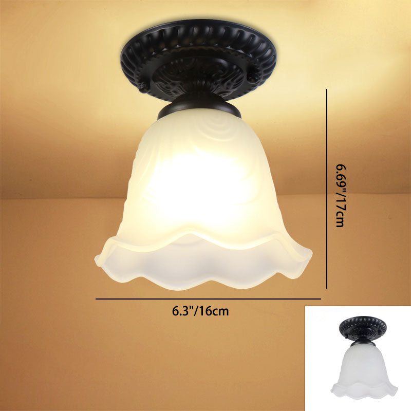 Contemporary Retro Floral Bell Round Iron Glass 1-Light Semi-Flush Mount Ceiling Light For Hallway Lumendat
