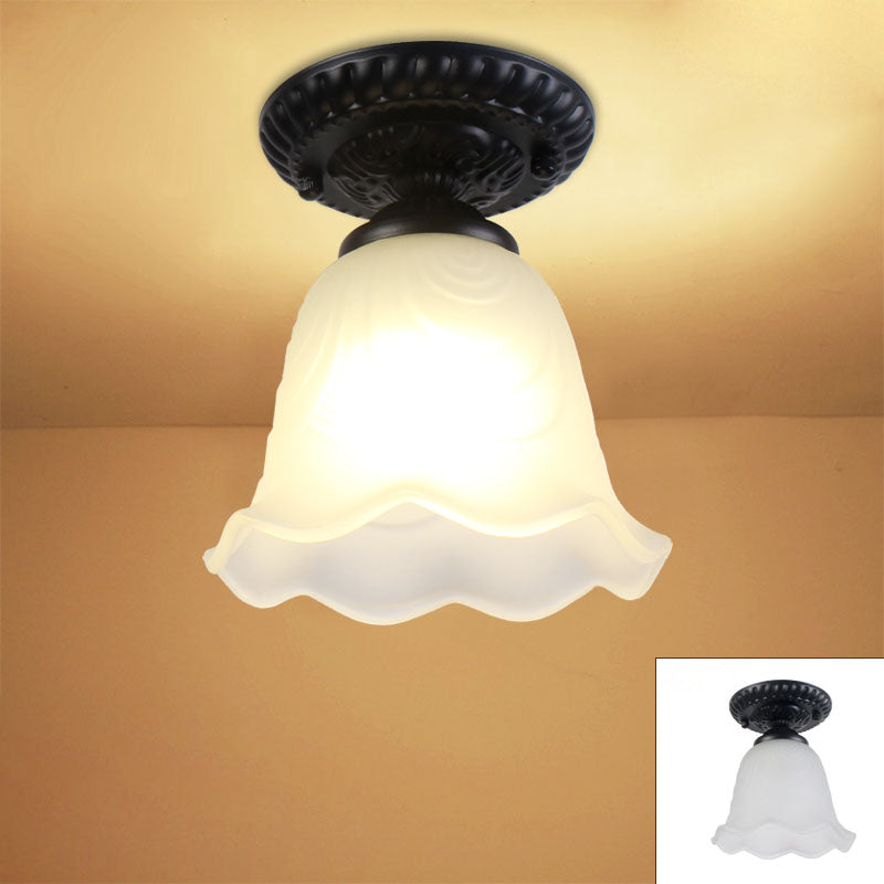 Contemporary Retro Floral Bell Round Iron Glass 1-Light Semi-Flush Mount Ceiling Light For Hallway Lumendat