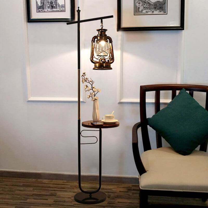 European Vintage Simple Lantern Table Iron Wood Marble 1-Light Standing Floor Lamp Lumendat