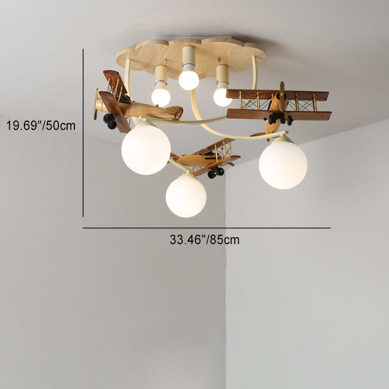 Contemporary Nordic Kids Iron Rubber Wood Glass Plane Cloud Ball 6-light Flush Mount Ceiling Light for Bedroom
