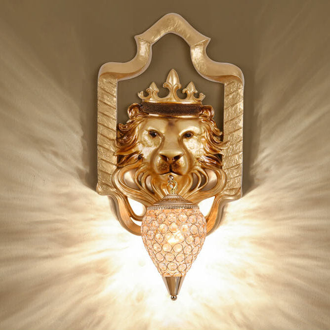 Vintage Lion Head Lantern Resin Crystal 1-Light Wall Sconce Lamp