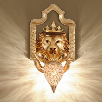 Vintage Lion Head Lantern Resin Crystal 1-Light Wall Sconce Lamp