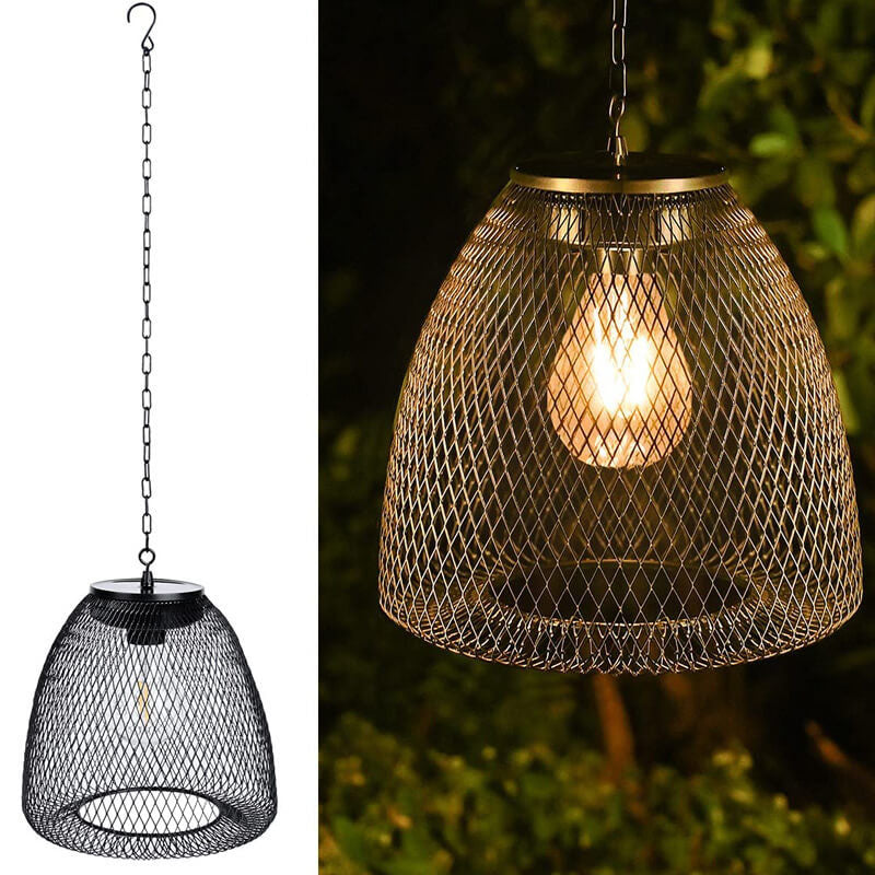 Traditional Rustic Iron Net Rattan Weaving Cage LED Solar Waterproof Pendant Light for Outdoor Patio BulbSquare