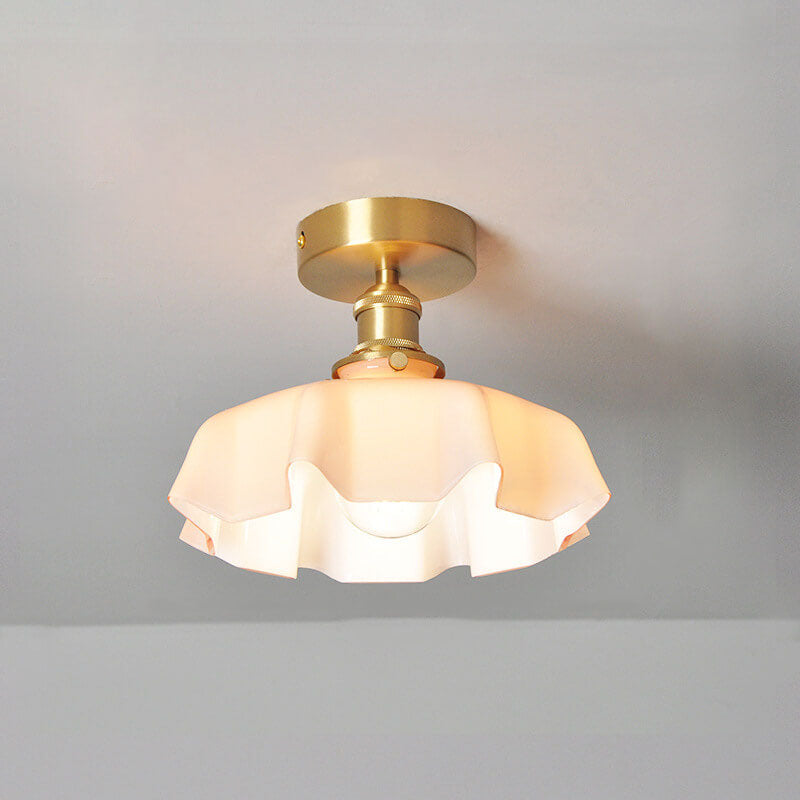 Japanese Vintage Cream Glass Floral Brass 1-Light Semi-Flush Mount Ceiling Light Lumendat