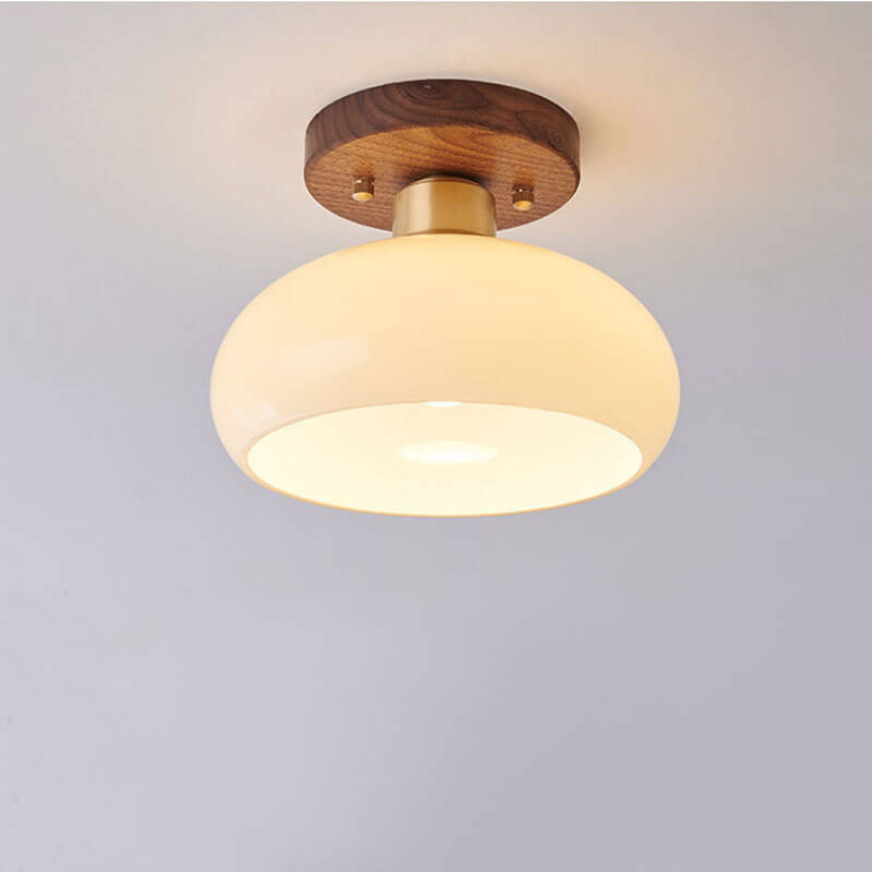 Creative Vintage Walnut Brass Round 1-Light Semi-Flush Mount Ceiling Light Lumendat