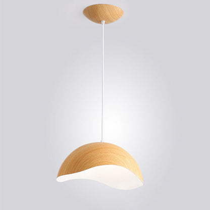 Contemporary Scandinavian Wood Grain Iron Dome Wave LED Pendant Light for Dining Room