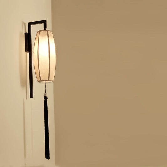 Chinese Vintage Painted Fabric Lantern Tassel 1-Light Wall Sconce Lamp