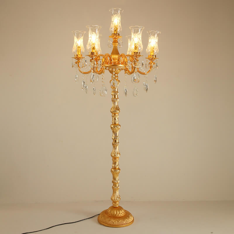 Traditional Luxury Golden Crystal Zinc Alloy Candle Holder 7-Light Standing Floor Lamp For Bedroom Lumendat