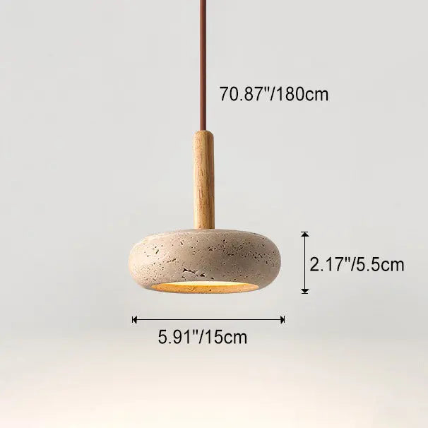Traditional Japanese Round Wood Yellow Travertine LED Pendant Light for Bedroom Lumendat