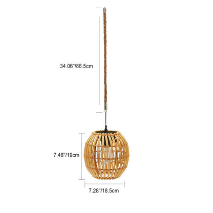 Traditional Vintage Rattan Weaving Cage LED Solar Waterproof Pendant Light for Outdoor Patio