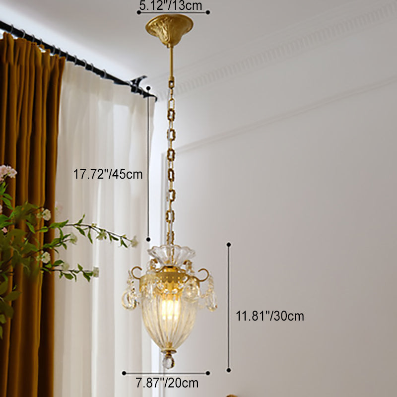 Traditional French Lantern Carved Copper Crystal 1-light Pendant Light for Living Room