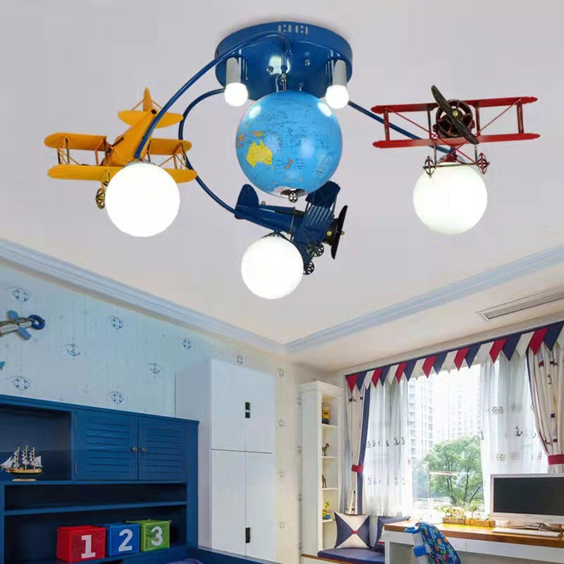 Lumendat Modern Art Deco Orb Airplane Globe Glass Iron Kids 6-Light Flush Mount Ceiling Light For Bedroom Lumendat