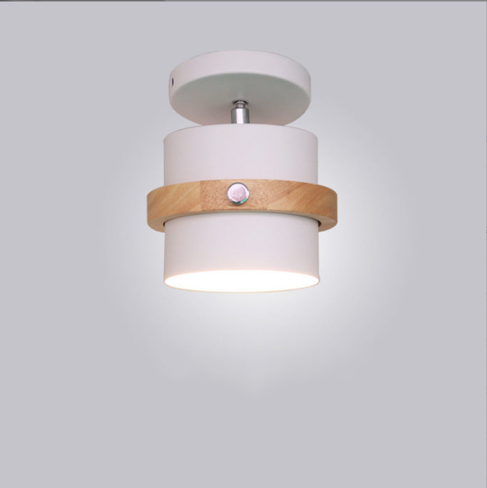 Contemporary Nordic Round Cylinder Iron Solid Wood 1-Light Semi-Flush Mount Ceiling Light For Hallway Lumendat