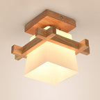 Traditional Japanese Wood Frame Glass Column 1-light Semi-flush Mount Ceiling Light for Living Room