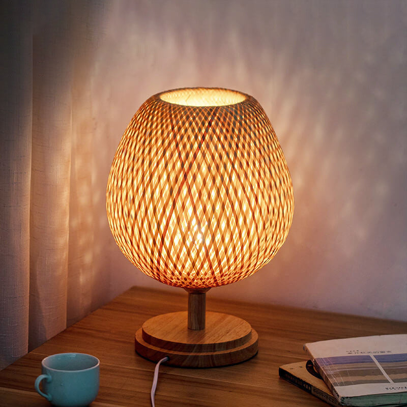 Traditional Chinese Moso Bamboo Wood Iron Weaving Oval Round 1-Light Table Lamp For Bedroom Lumendat