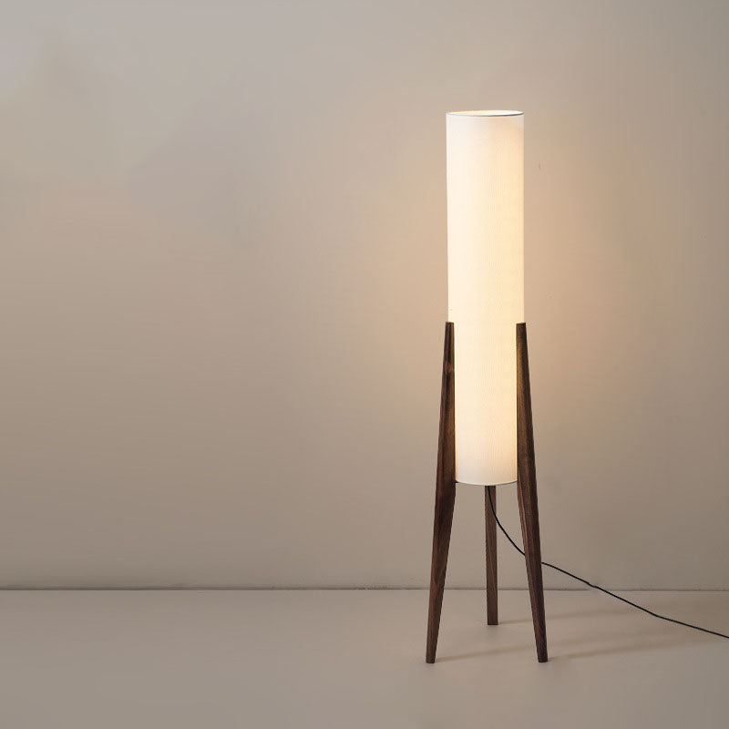 Traditional Chinese Fabric Cylinder Shade Wood Tripod 1-Light Standing Floor Lamp For Study Lumendat