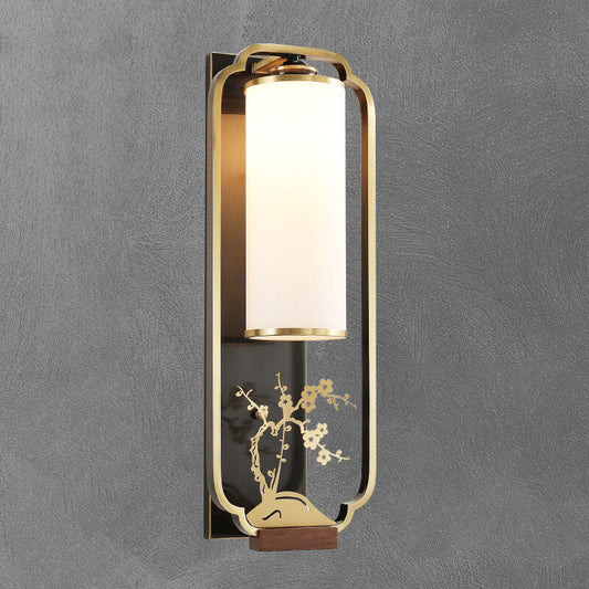 Modern New Chinese Copper Glass Column Ring 1-Light Wall Sconce Lamp