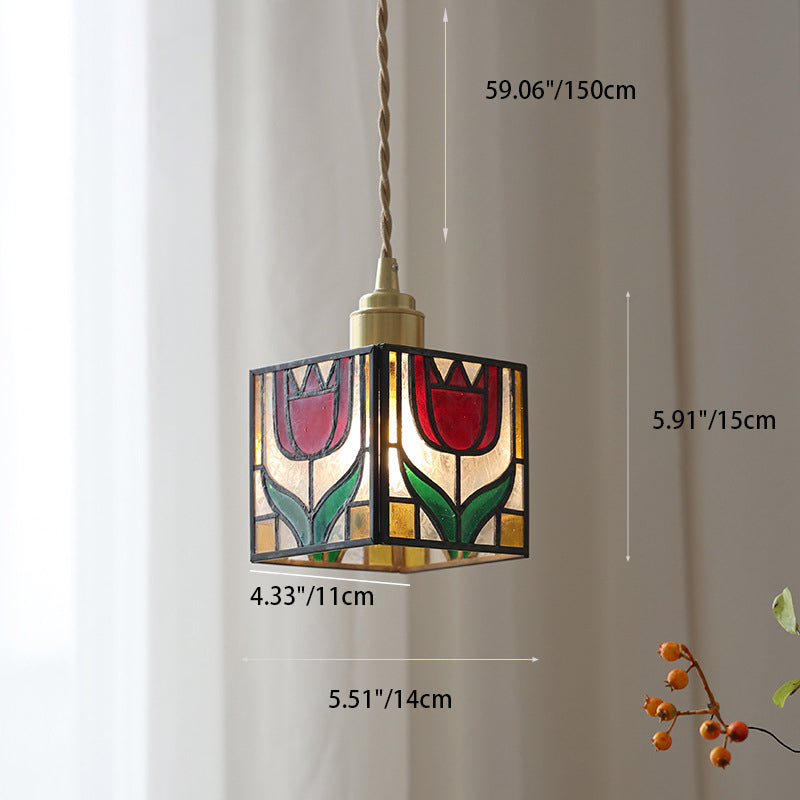 Traditional Tiffany Square Tulip Red Rose Rubik's Cube Brass Stained Glass 1-light Pendant Light for Living Room