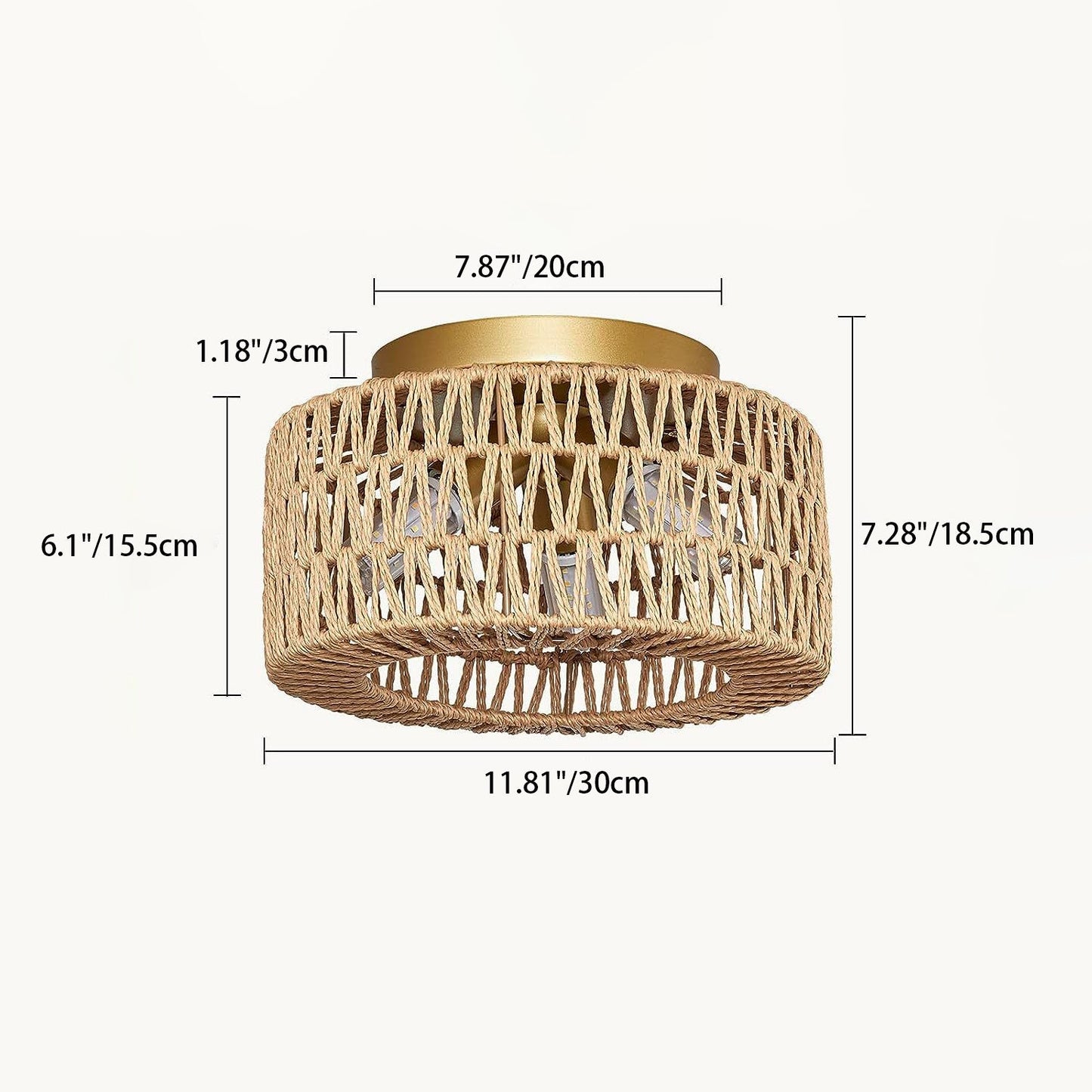 Contemporary Boho Rattan Weaving Cage 3-light Semi-flush Mount Ceiling Light for Living Room