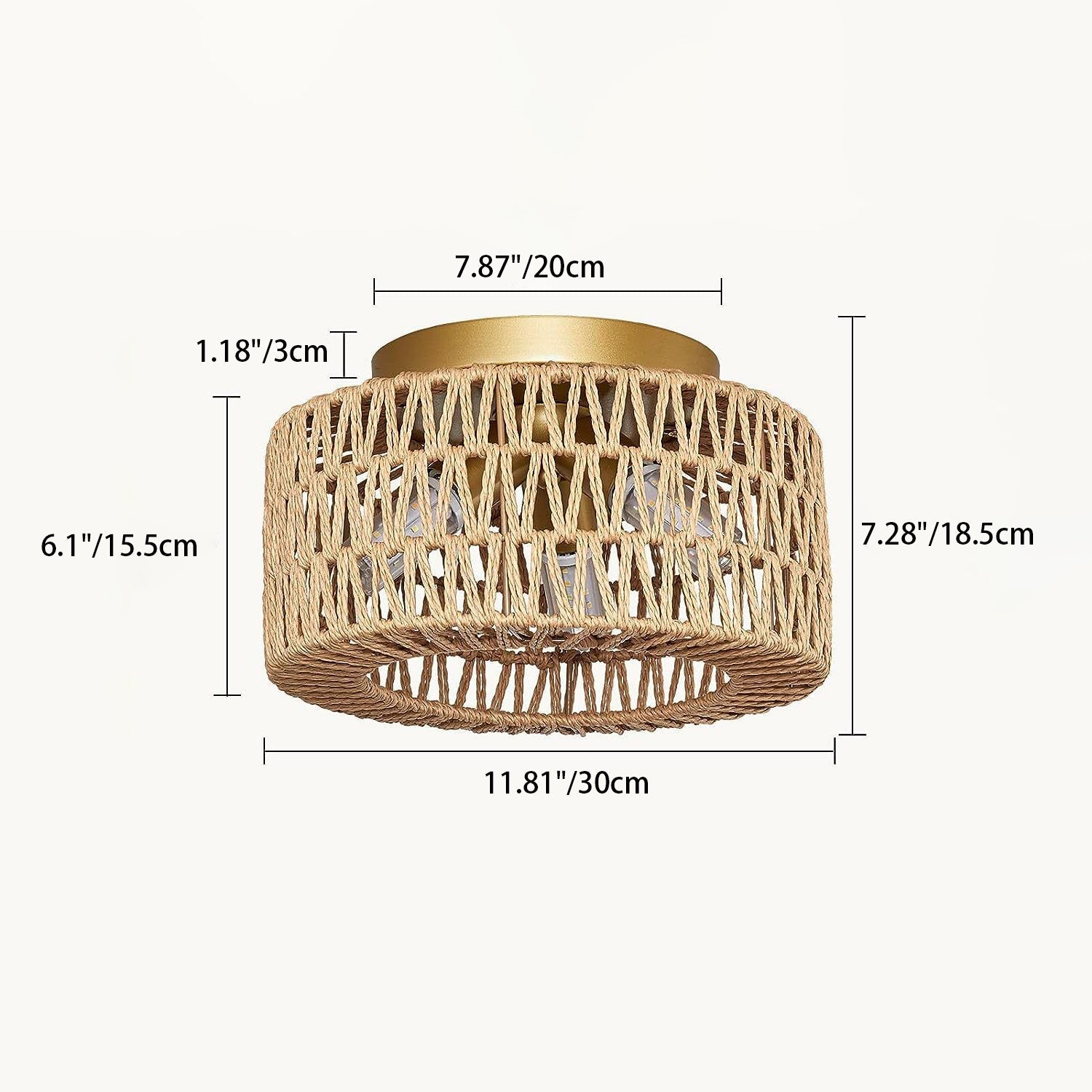 Contemporary Boho Rattan Weaving Cage 3-light Semi-flush Mount Ceiling Light for Living Room